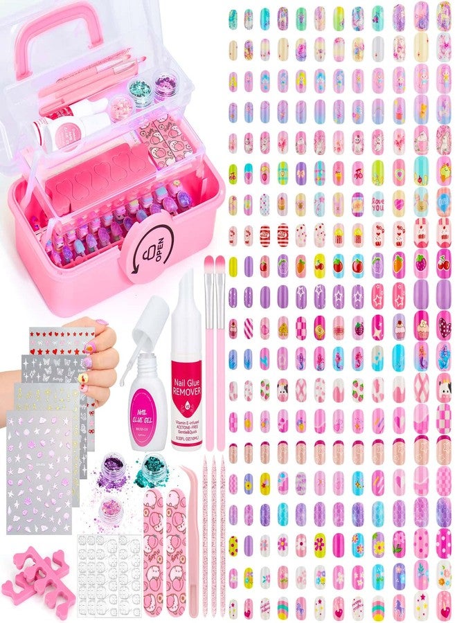 Audab 480 Pcs Kids Nails and Glue, Girls Press ons Nail Art Kit with Storage Case, Fake Nails Adhesive, Remover, Stickers, Glitter Cute Stuff Gift for Girls 8-12 - Image 1
